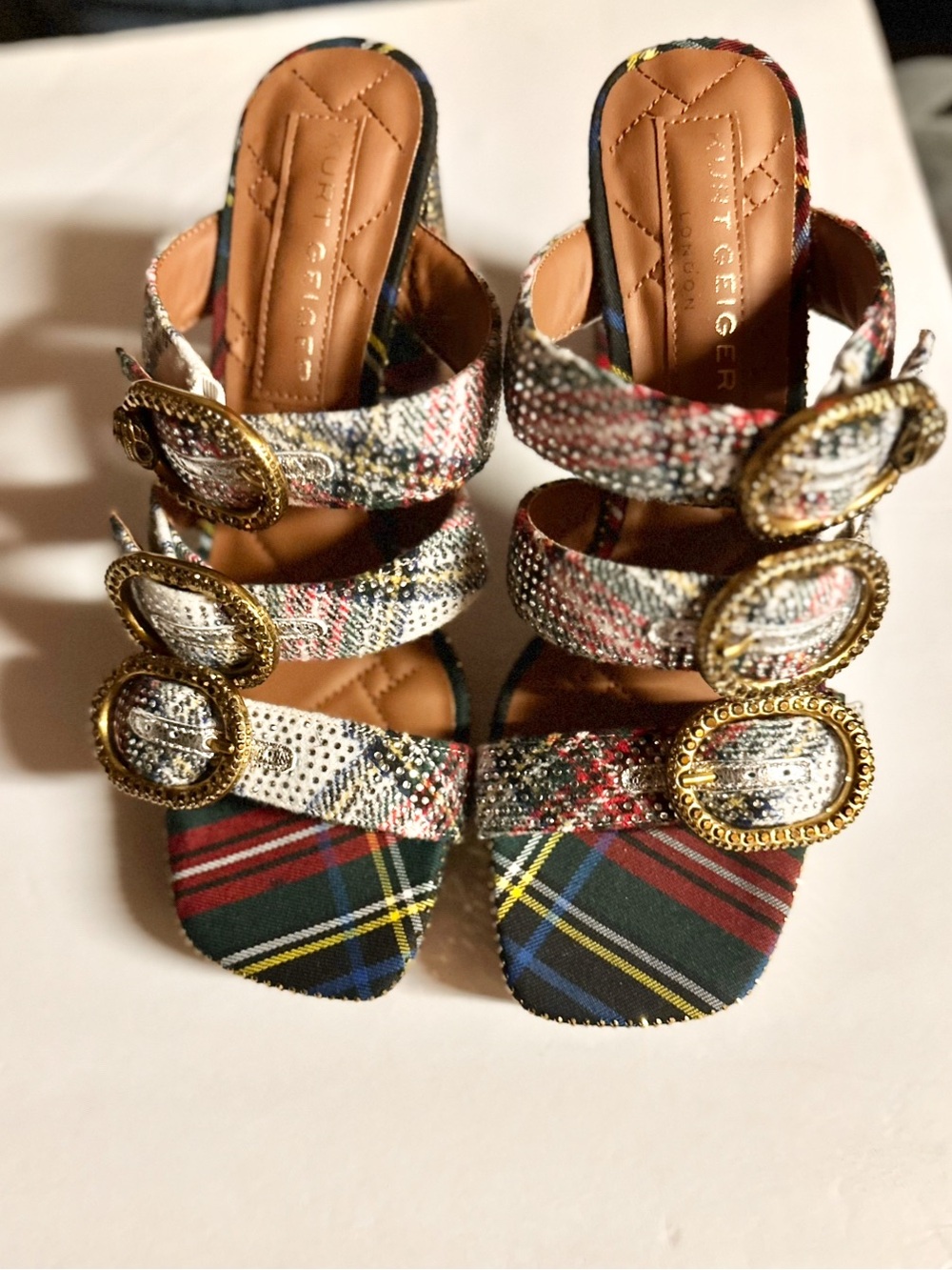 Kurt Geiger Multi-Color Plaid Buckle Strap Heeled Sandals - Picture 2 of 4